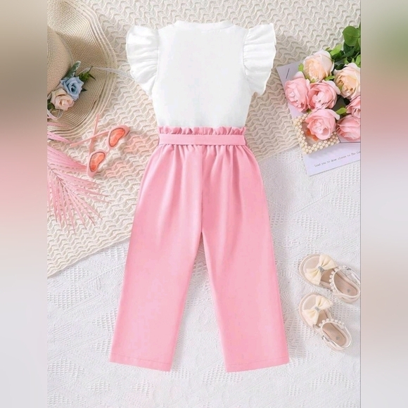 Girl Butterfly Pattern Printed Ruffled Tee/Pant/Belt - Pink/White 10 Yrs - Picture 2 of 2